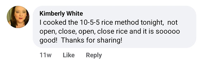 Testimonial in using 10-5-5 rice cooking method