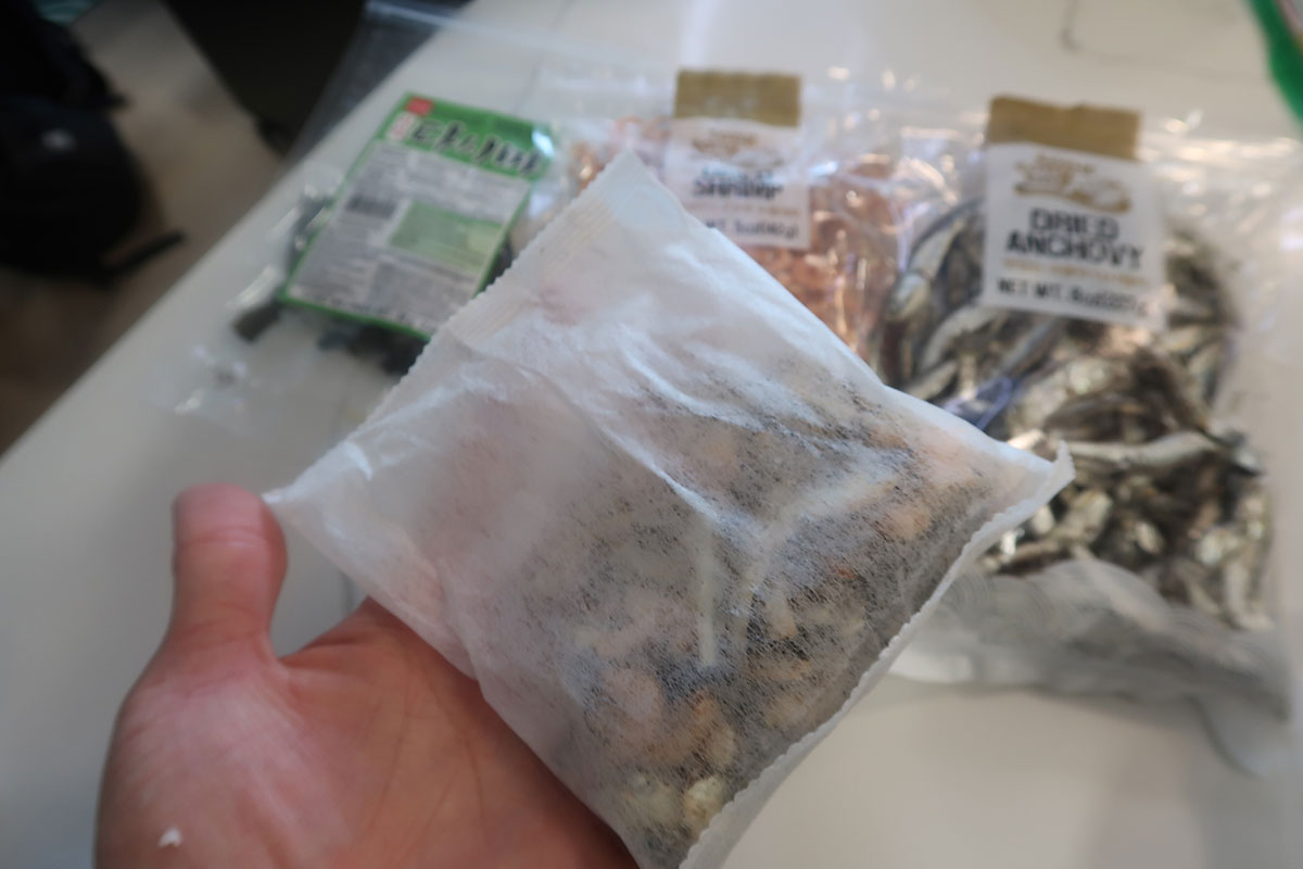 Dashi pack is made of dried anchovy, dried shrimp, and dried kelp all placed in a teabag 