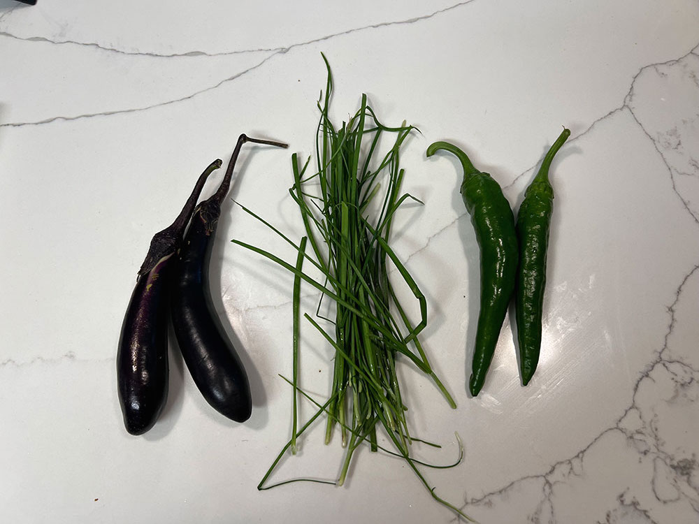 Eggplants, Chives, Chili Peppers