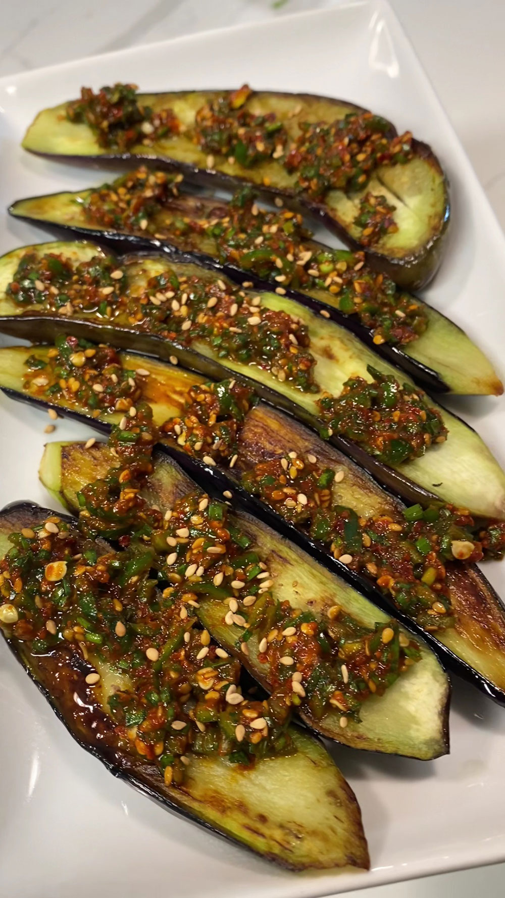 Fried Eggplant with Pepper and Chive Sauce