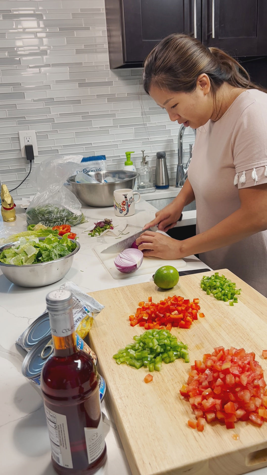 My wife chopping up the ingredients for texas caviar salad 