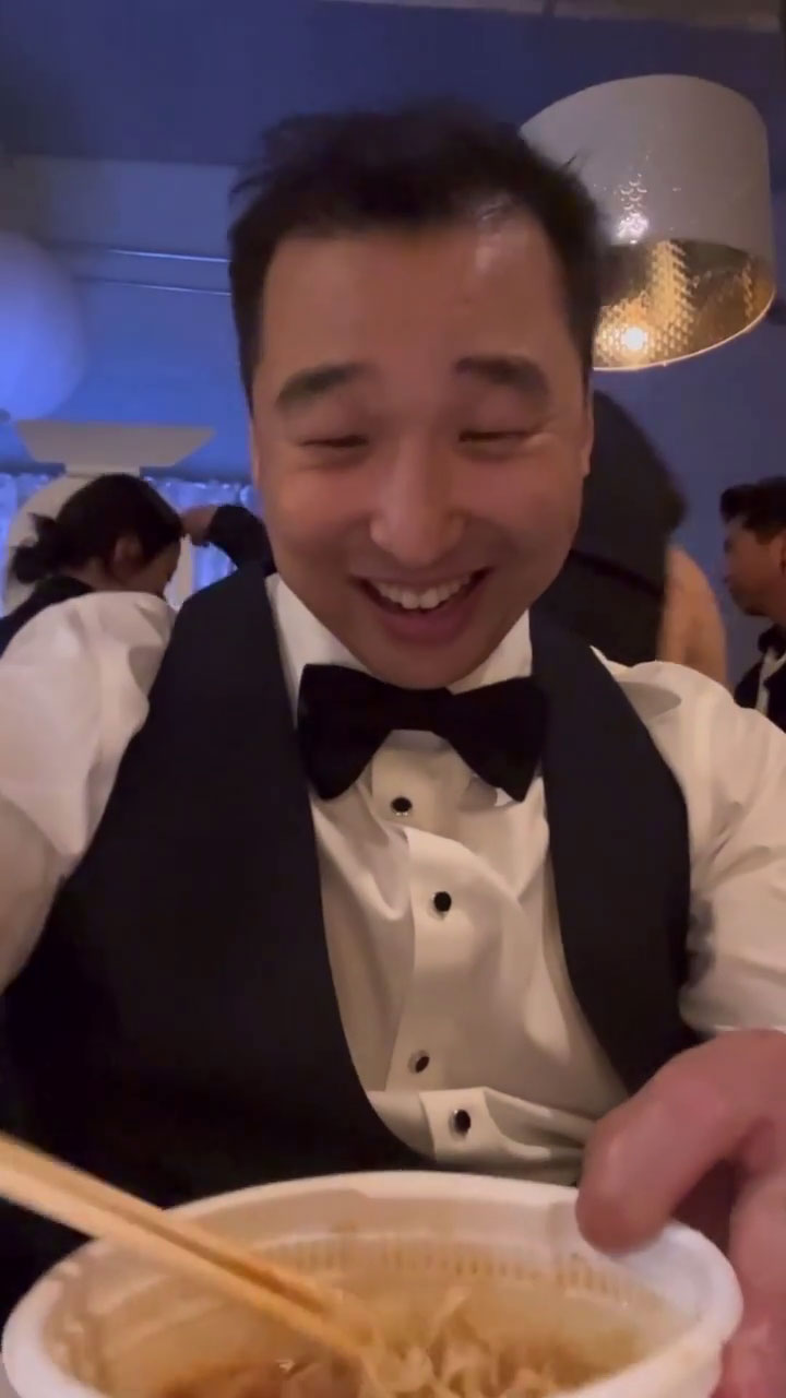 Chef Chris Cho eating cup ramen at his wedding 
