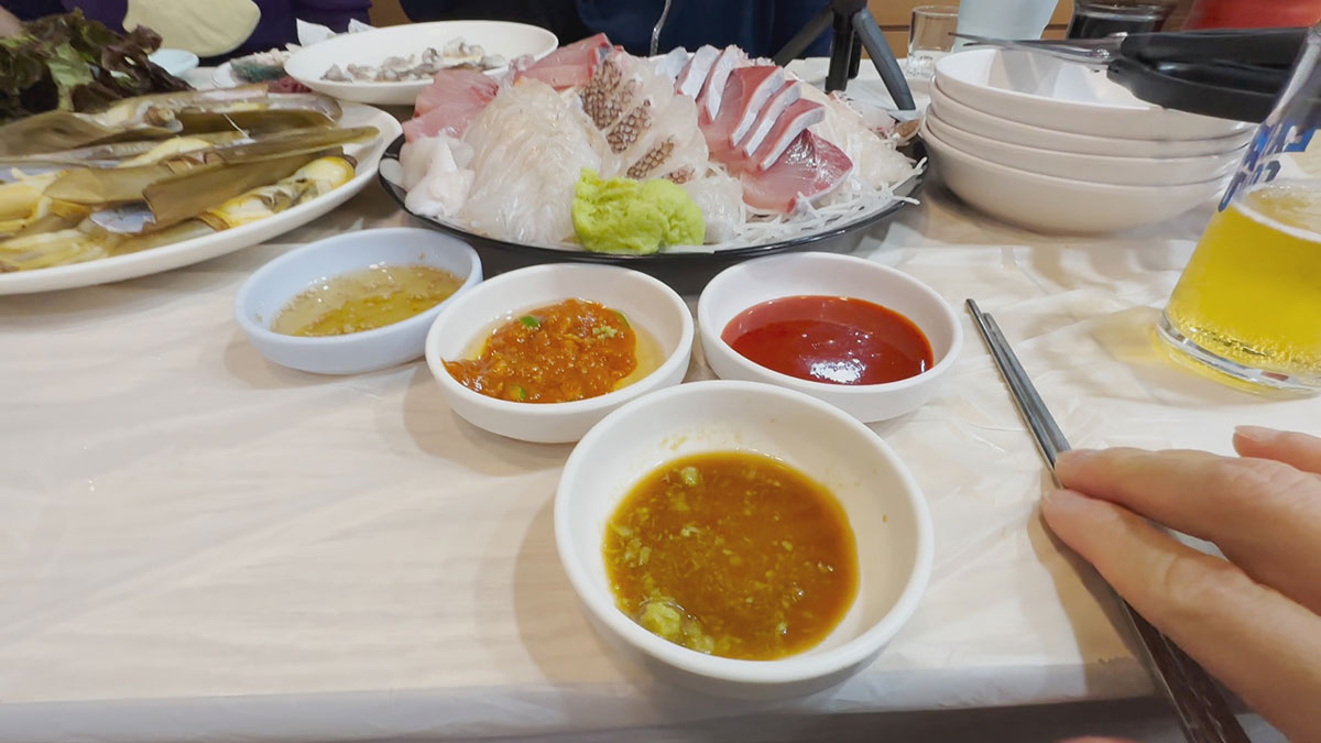Sesame Oil, Ssam Sauce, Gochujang Sauce, Soy Sauce with Wasabi