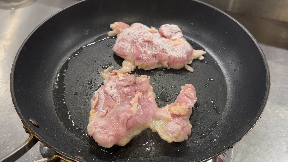 Pan fry the chicken until browned