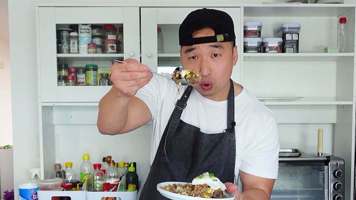 Chef Chris Cho cooking steak fried rice 