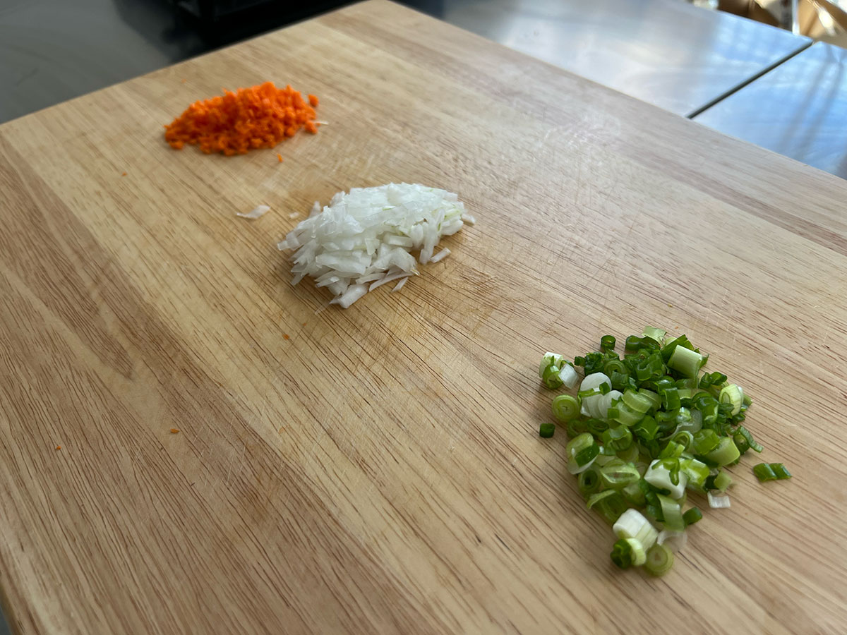 Vegetables for gyeran mari: Minced carrots, onion, and scallions