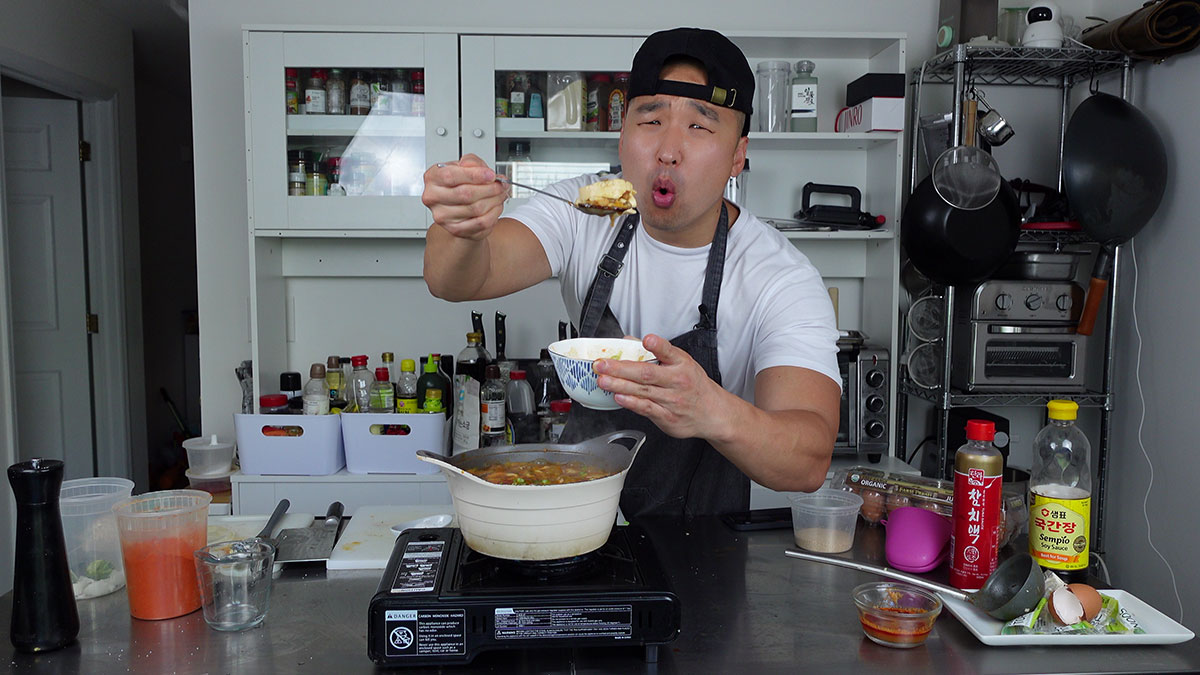 Chef Chris Cho making spicy soft tofu stew 
