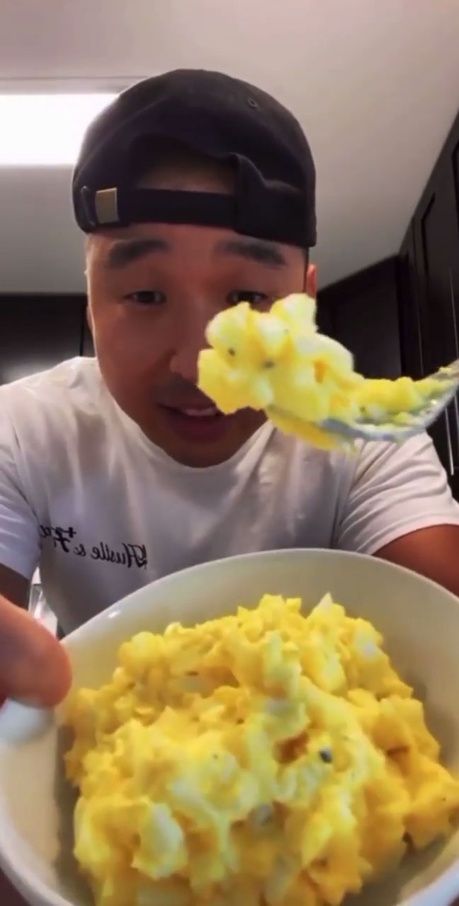 Chef Chris Cho making egg salad 