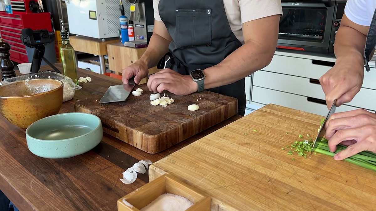 Chopping garlic and chives