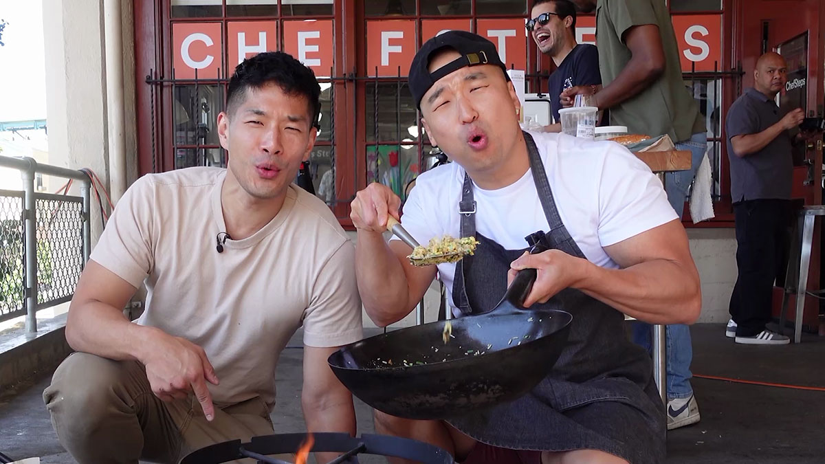 Chef Chris Cho and Chef Jon Kung making garlic fried rice 