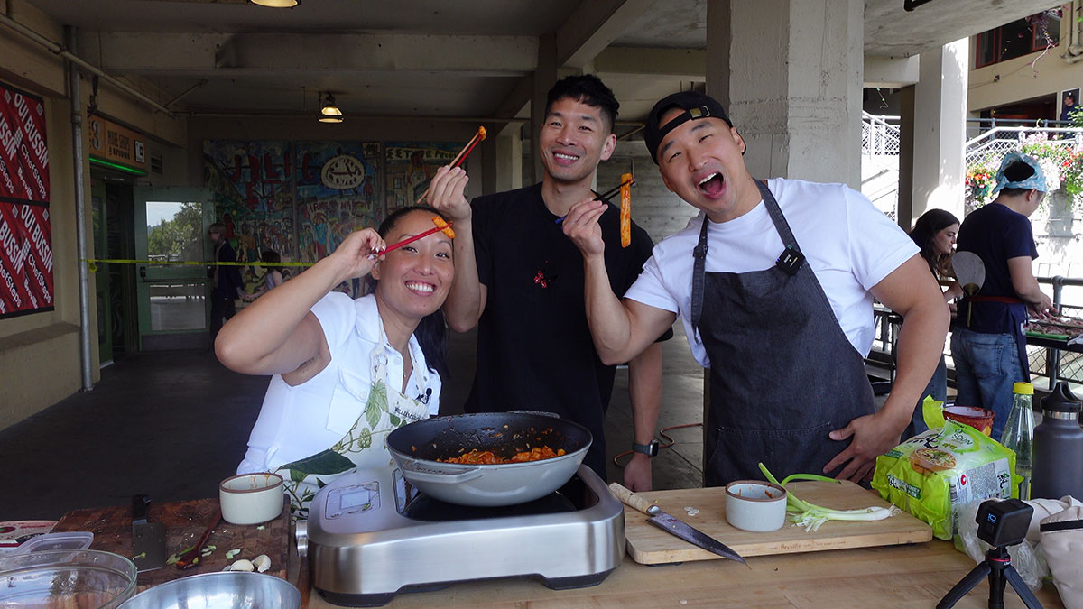 Joanne Molinaro and Chef Chris Cho making vegan rabokki