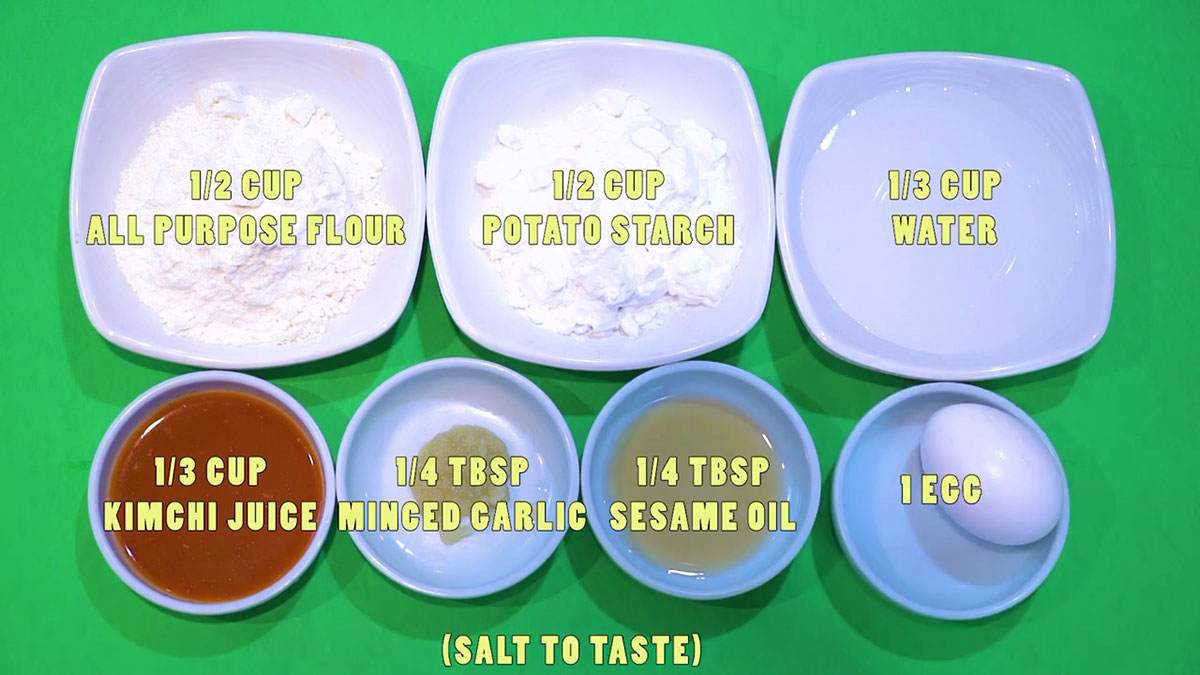 All Purpose Flour, Potato Starch, Water, Kimchi Juice, Garlic, Sesame Oil 
