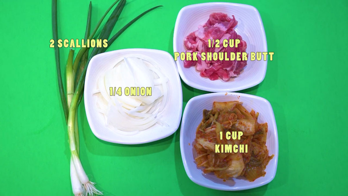 Scallions, Onion, Pork, Kimchi 