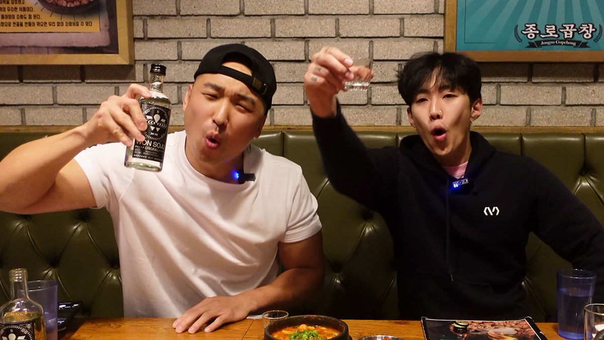 Chef Chris Cho and Jay Park enjoying Won Soju 
