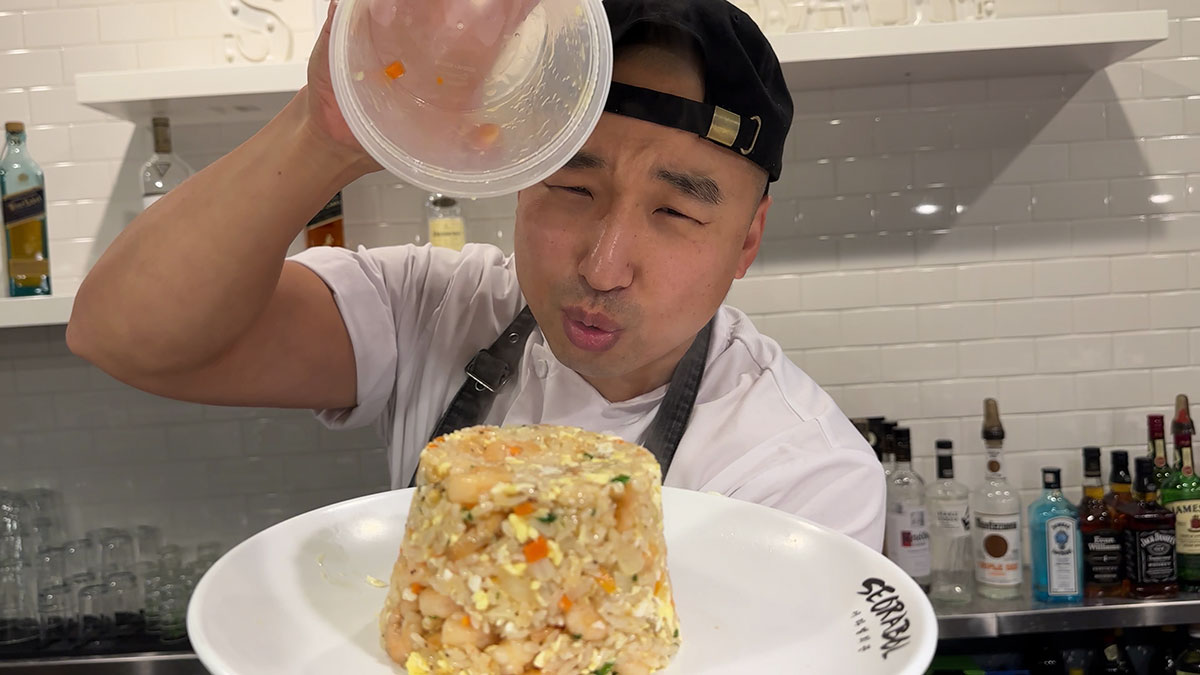 Chef Chris Cho making Shrimp Fried Rice 