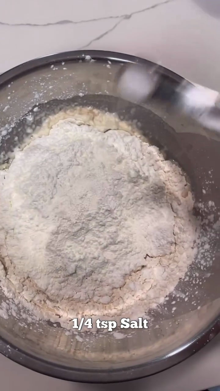 Combine all purpose flour, rice flour, cornstarch, salt, and oil with wet ingredients