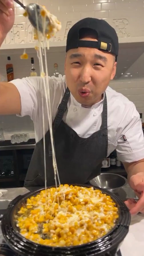 Chef Chris Cho making Korean corn cheese 