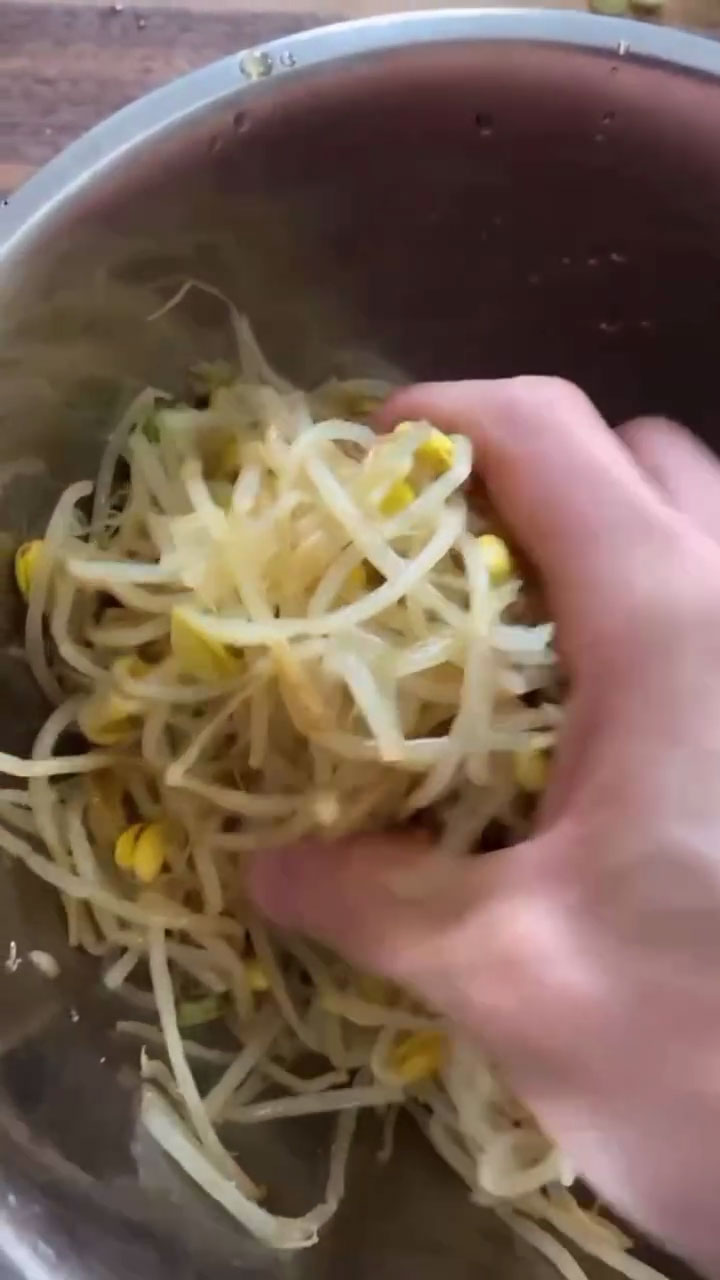 Mix the seasonings of beansprouts with your hand 