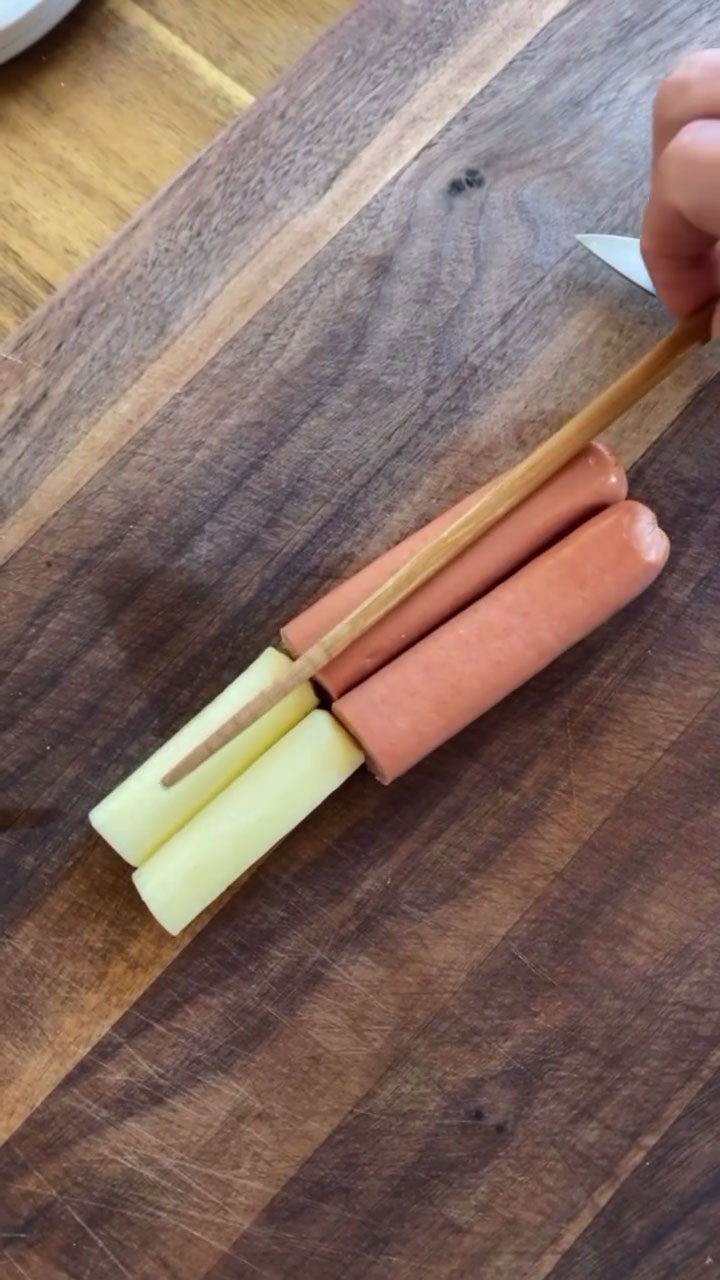 Hotdog, String Cheese, Wooden Chopstick