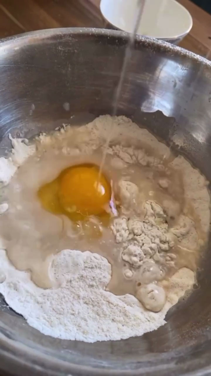 Combine dry and wet ingredients along with an egg 