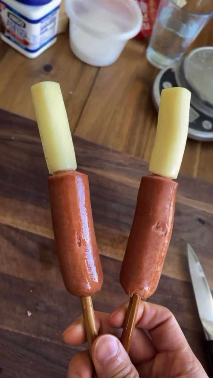 Skewer hotdogs and cheese