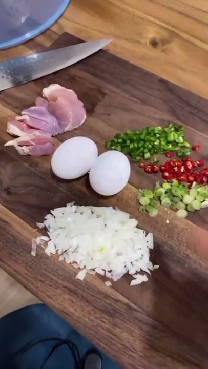 Egg and chopped chicken, jalapeno peppers, Viet peppers, scallions, and onion