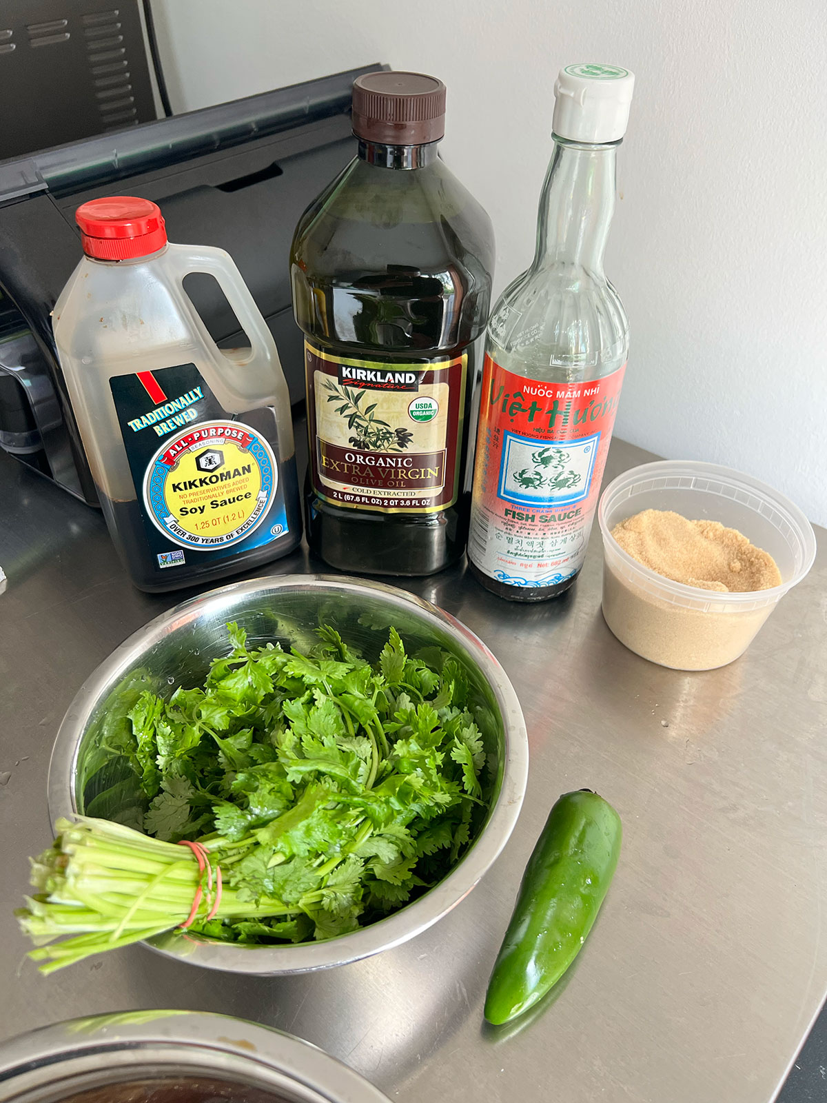 Soy Sauce, Olive Oil, Fish Sauce, Sugar, Cilantro, Jalapeño