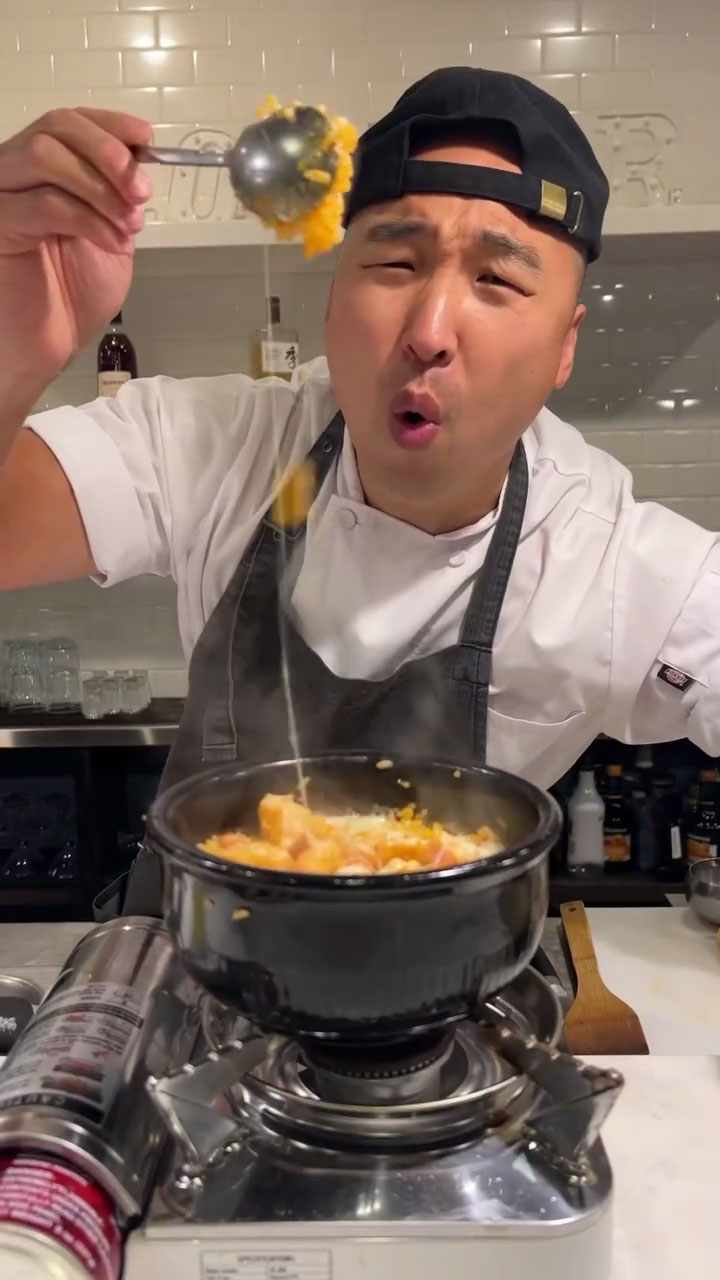 Chef Chris Cho making Cheesy Spam Rice