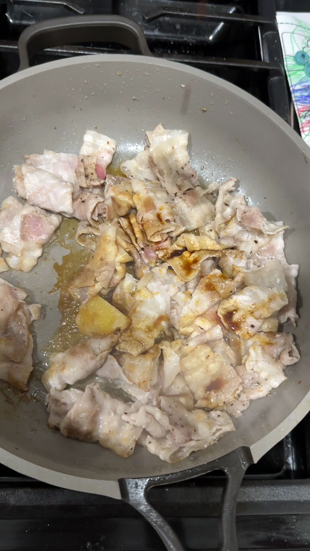 Season the pork belly with salt, pepper, garlic, and soy sauce