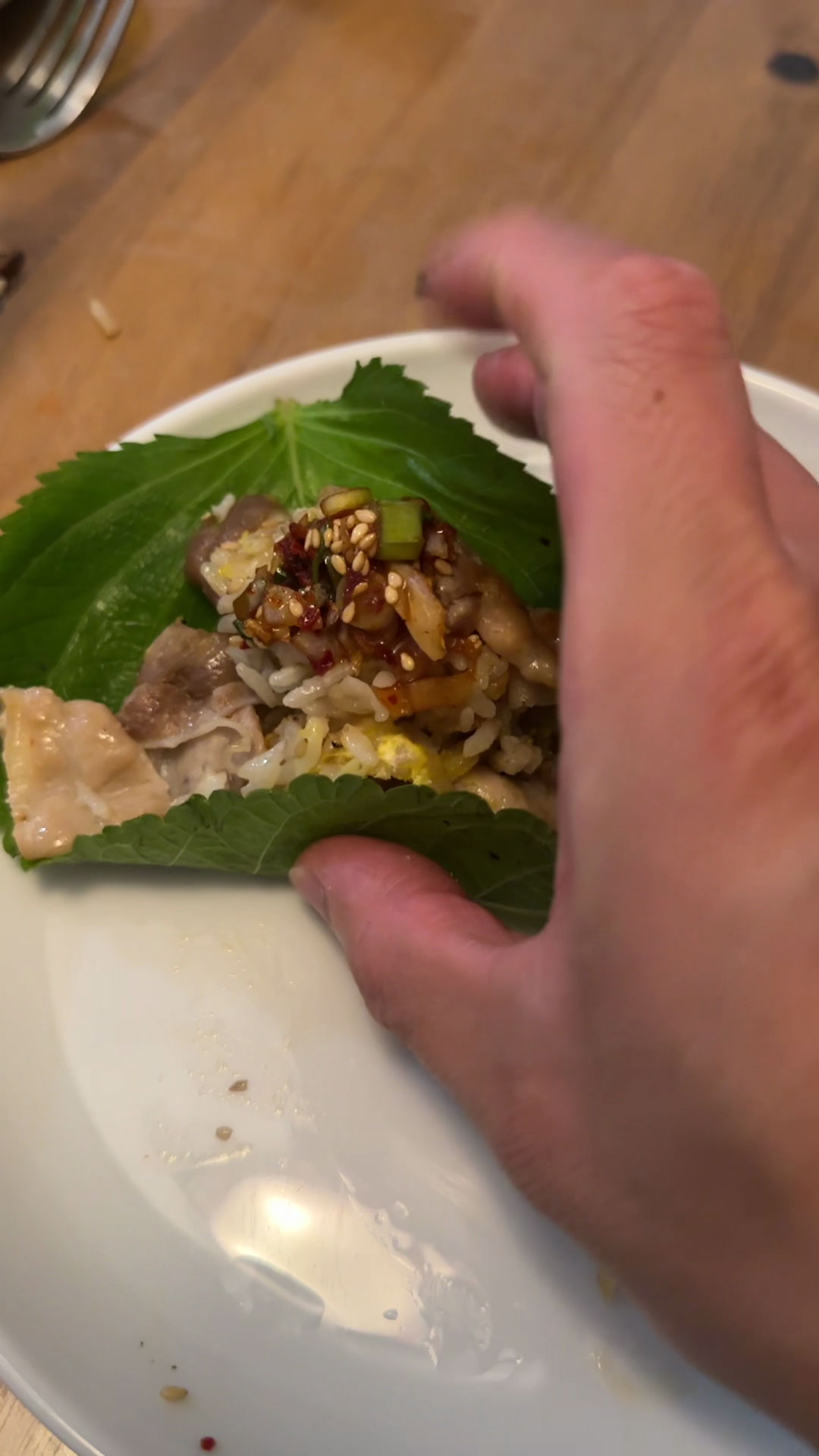 Pork Belly Fried Rice on Perilla Leaf