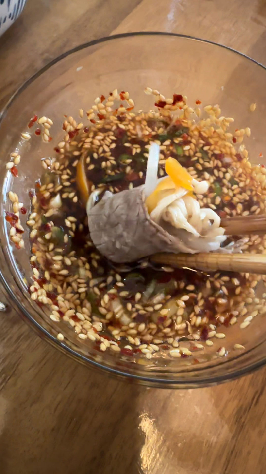 Dip the beef and vegetables