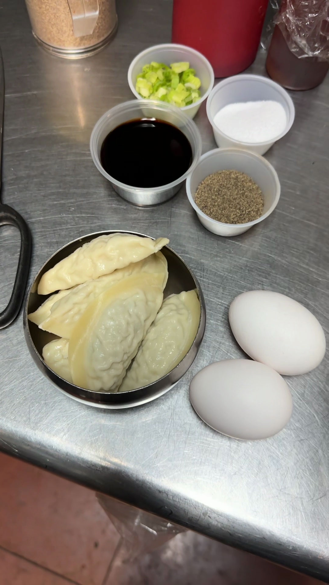 Scallions, Salt, Soy Sauce, Pepper, Dumplings, Eggs