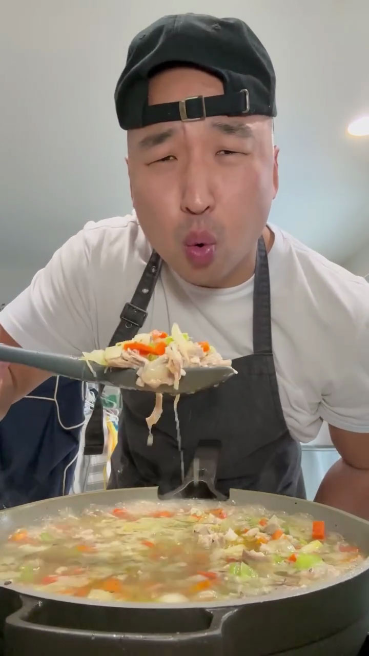 Chef Chris Cho making Chicken Noodle Soup