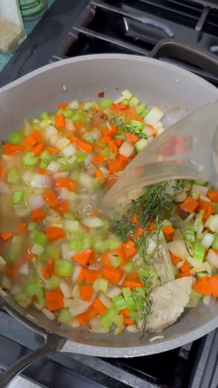 Add rosemary, bayleaf, and chicken stock