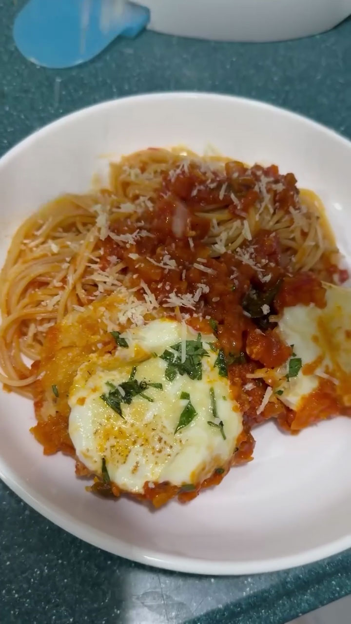 Plate the pasta and chicken parmesan