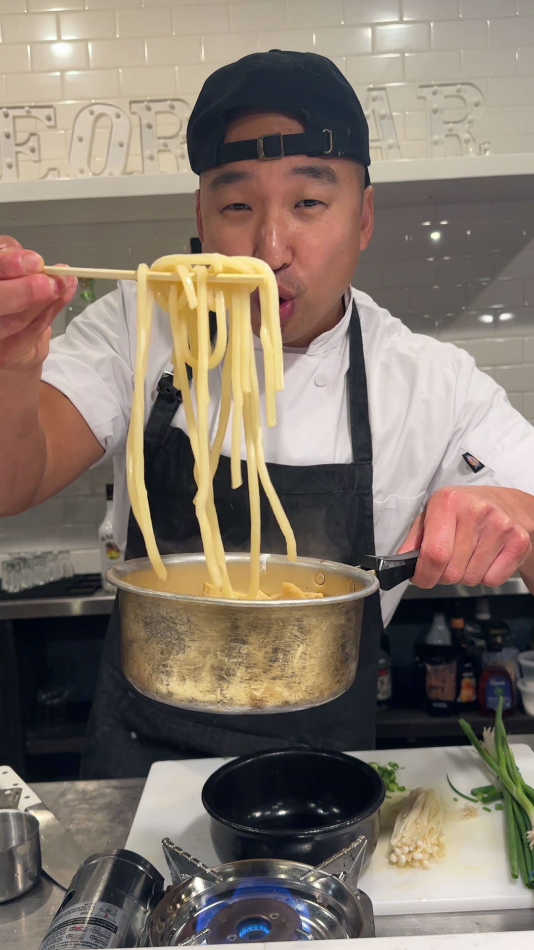 Chef Chris Cho making Udon Noodle Soup