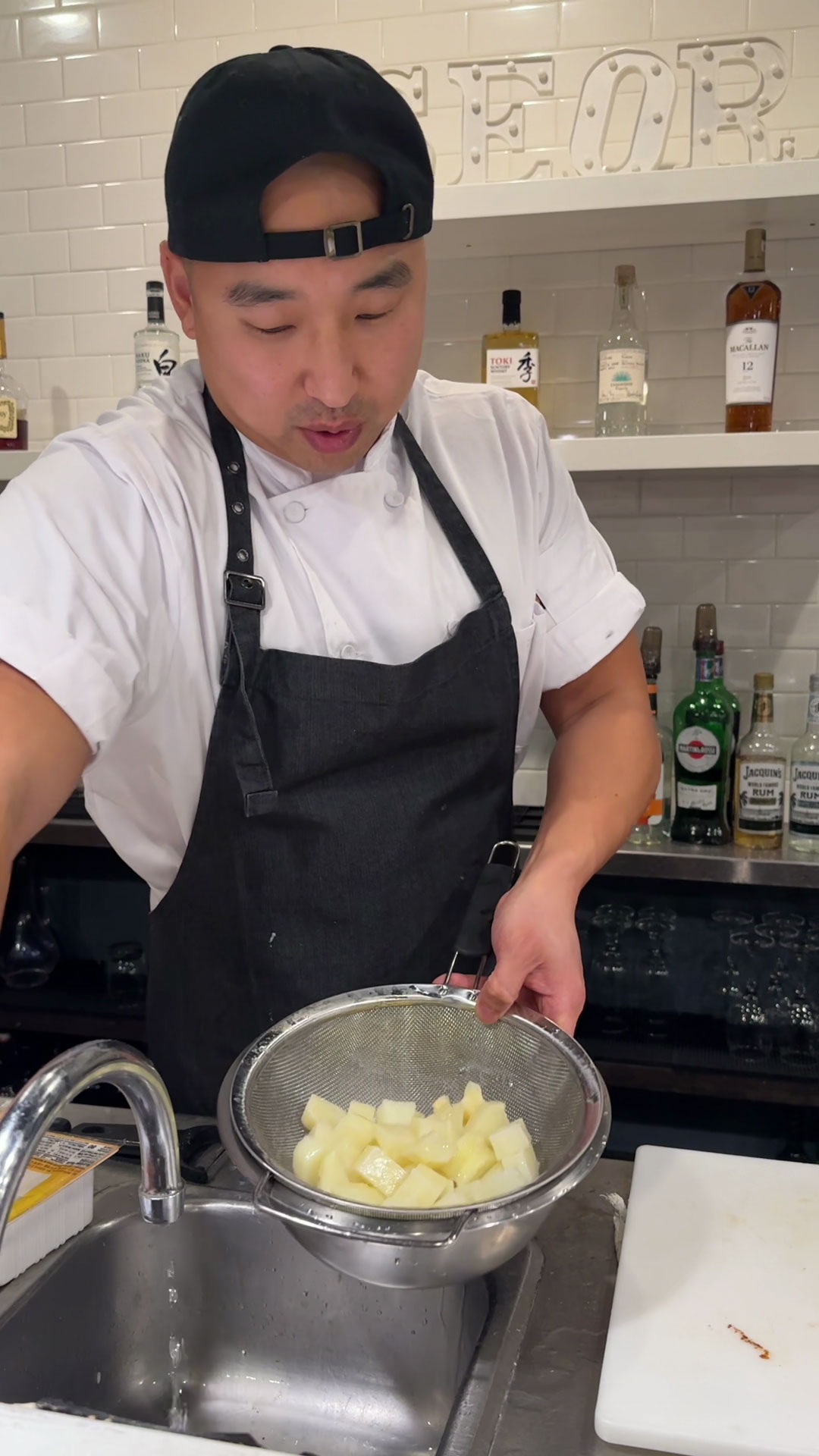 Microwave then rinse potatoes 