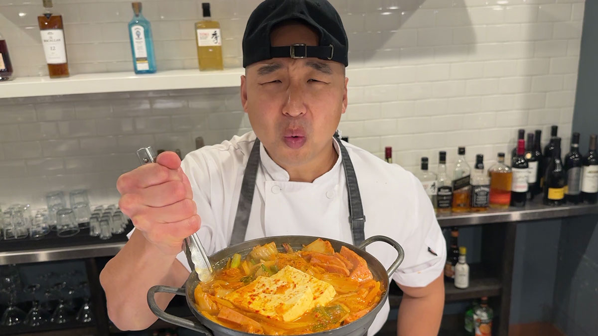 Chef Chris Cho making Spam Kimchi Jjigae