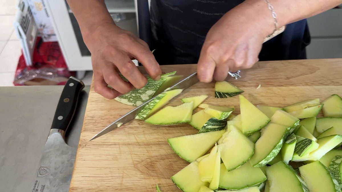 Slice zucchini into diagonal bitesize pieces 