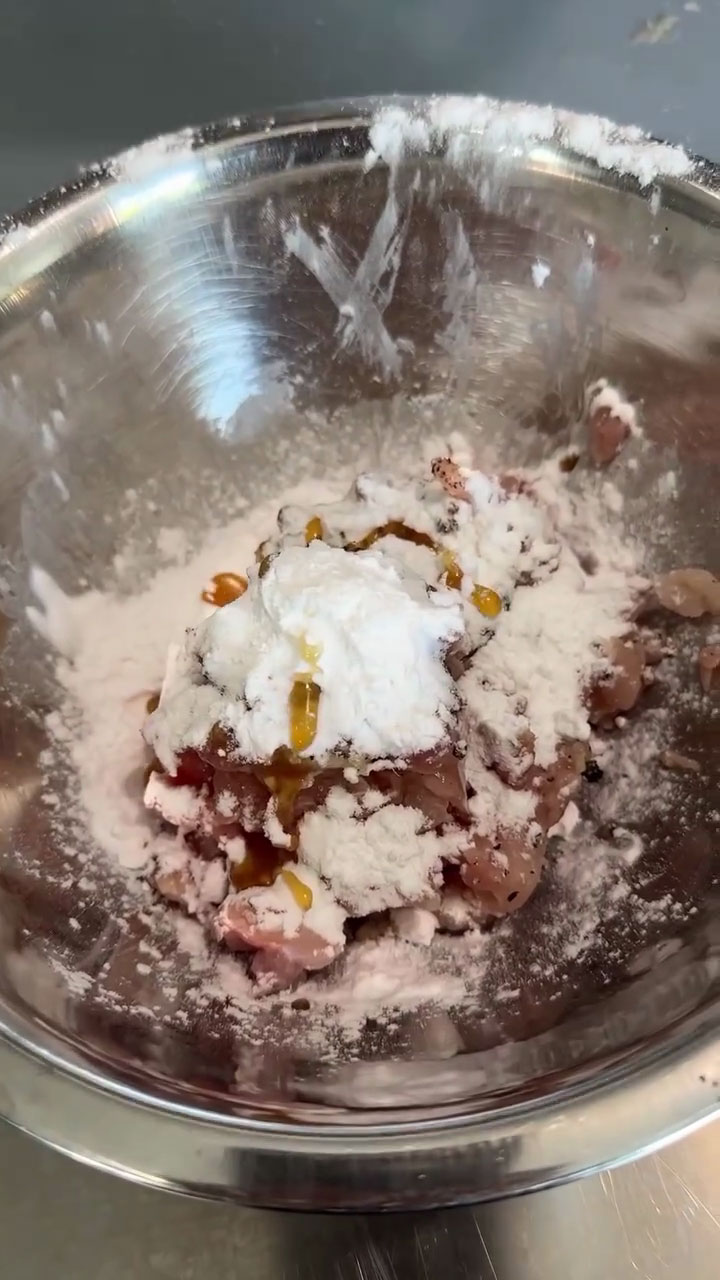 Add oyster sauce, fish sauce, sesame oil, potato starch, and water to make chicken pancake batter 