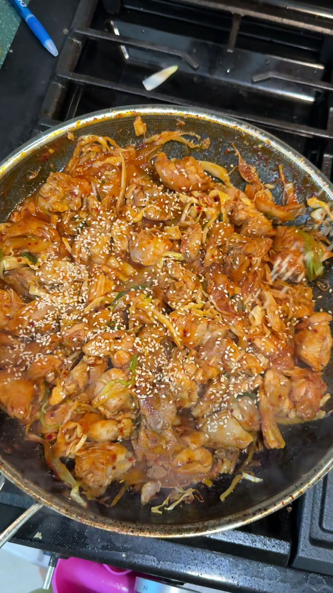 Add the cabbage to the chicken and saute it well 