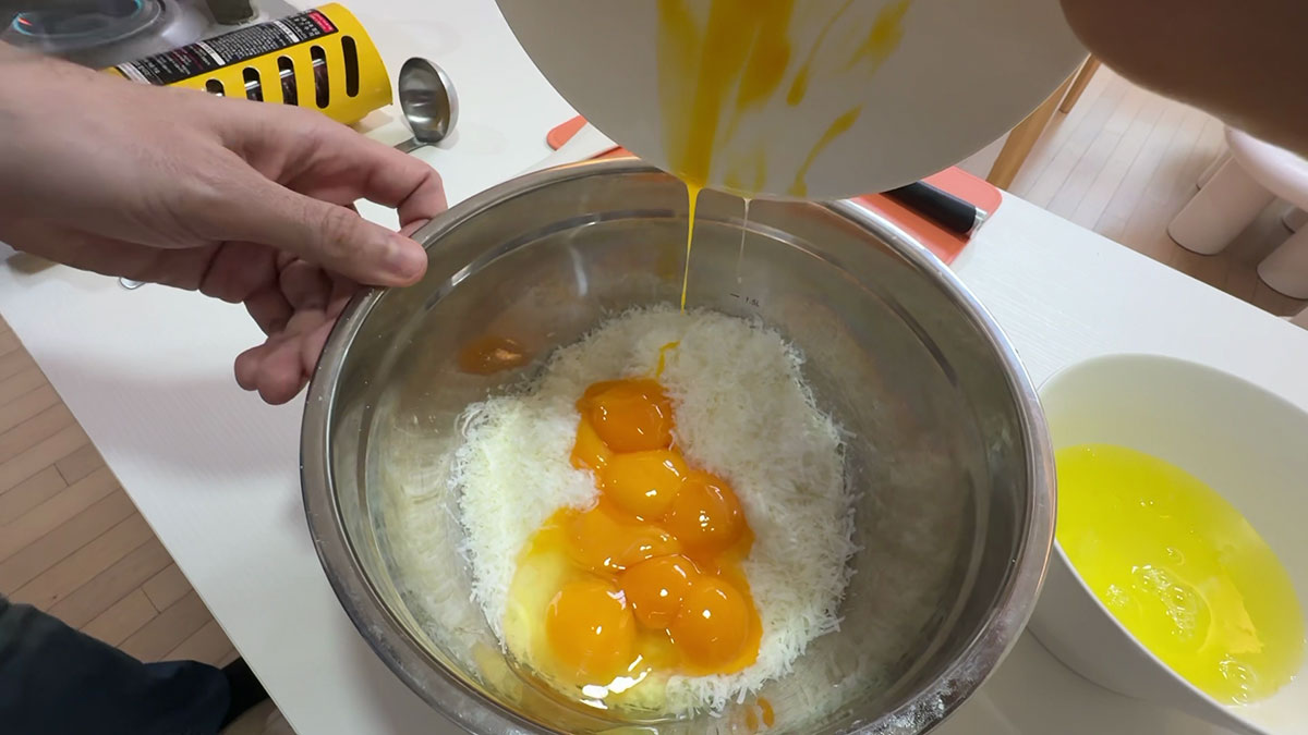 Combined pecorino romano and egg yolks