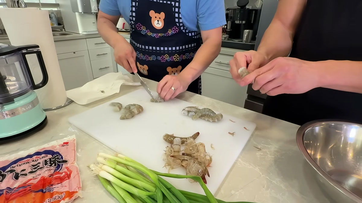 Peeling and deveining the shrimp