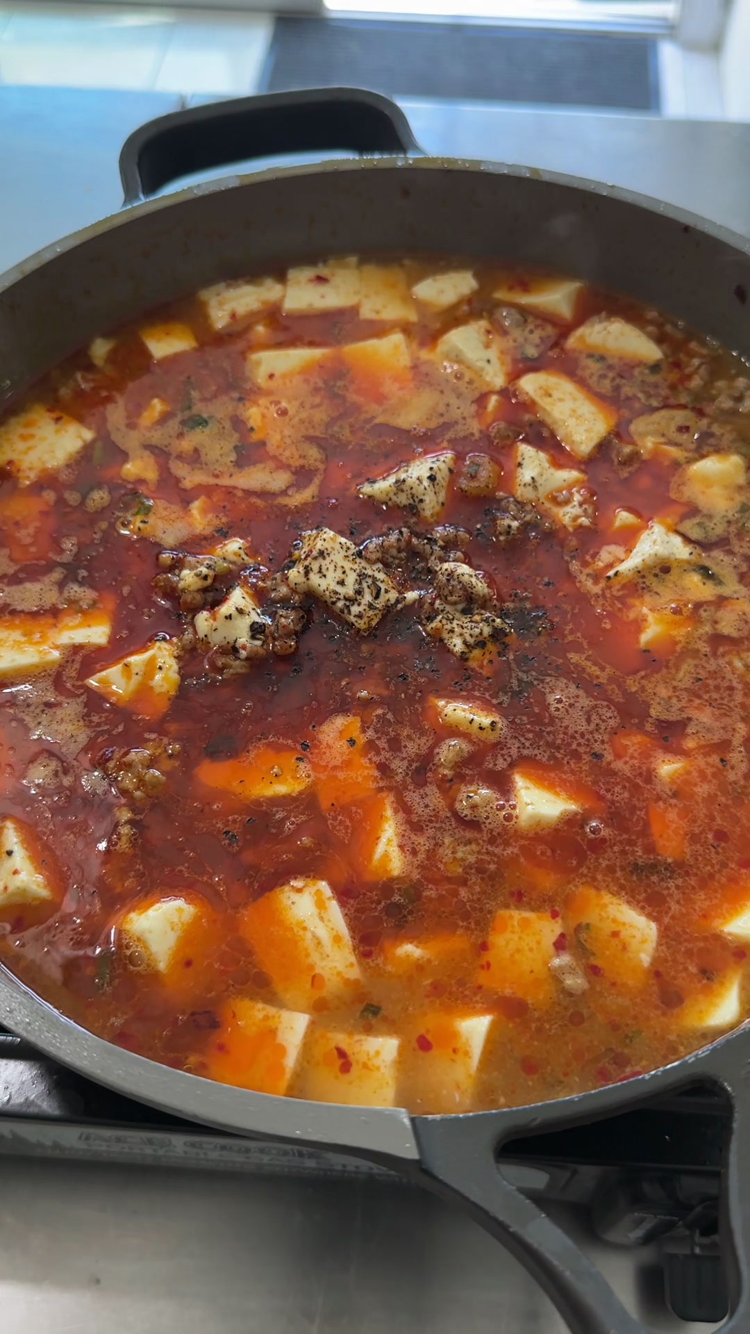 Add water, tofu, and potato starch slurry 