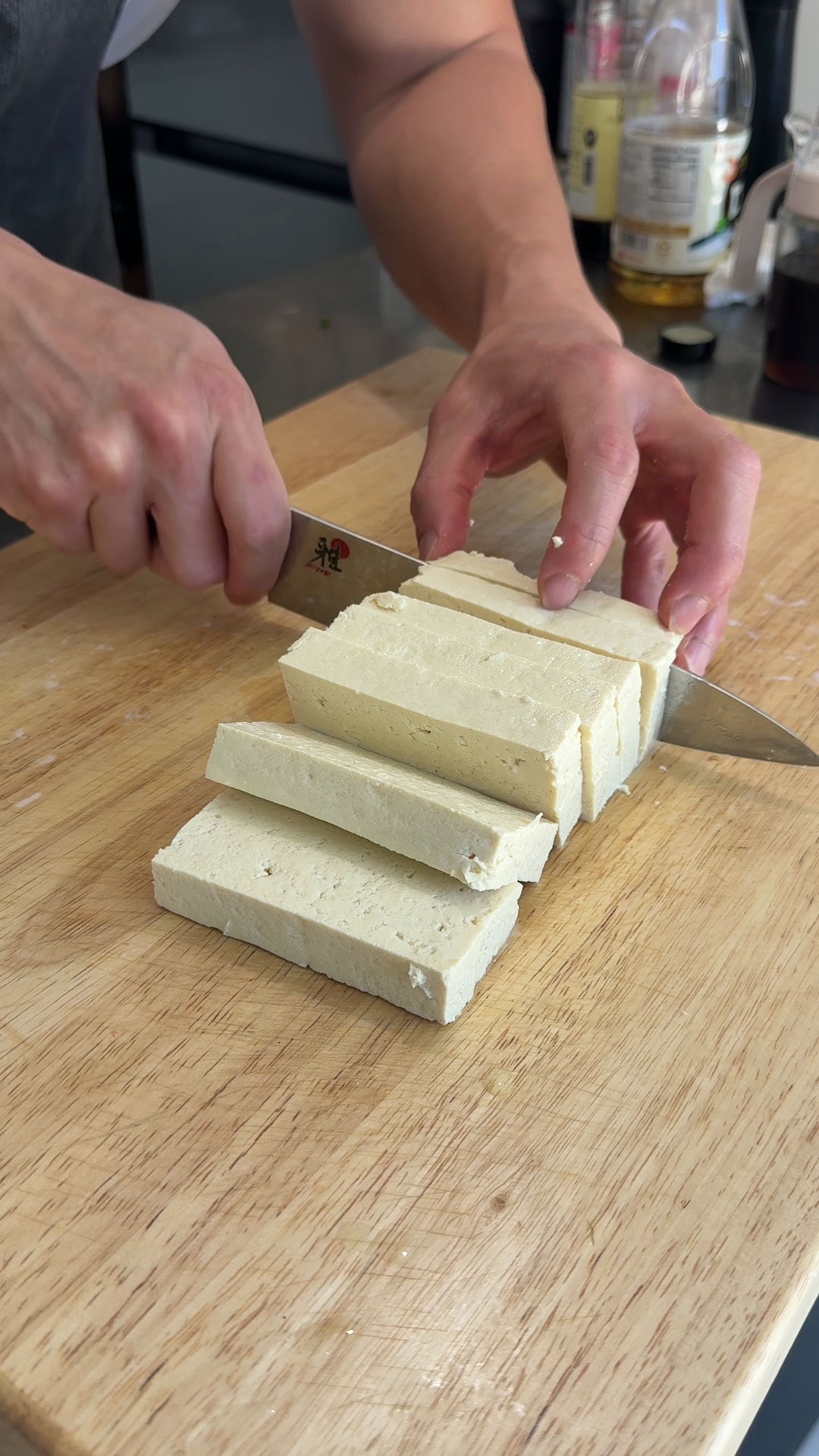 Slice the tofu into 1/2 to 1 inch thick pieces 