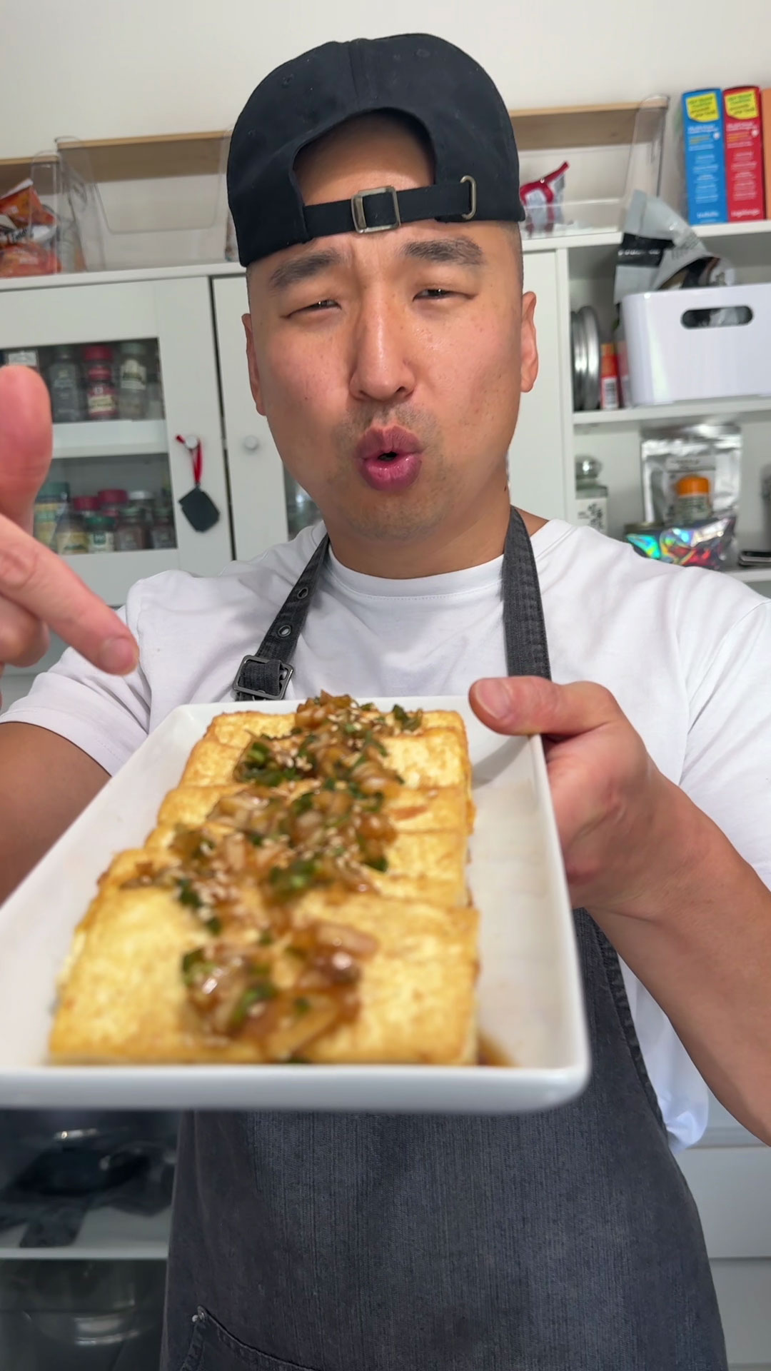 Chef Chris Cho making Pan Fried Tofu with Soy Dipping Sauce 