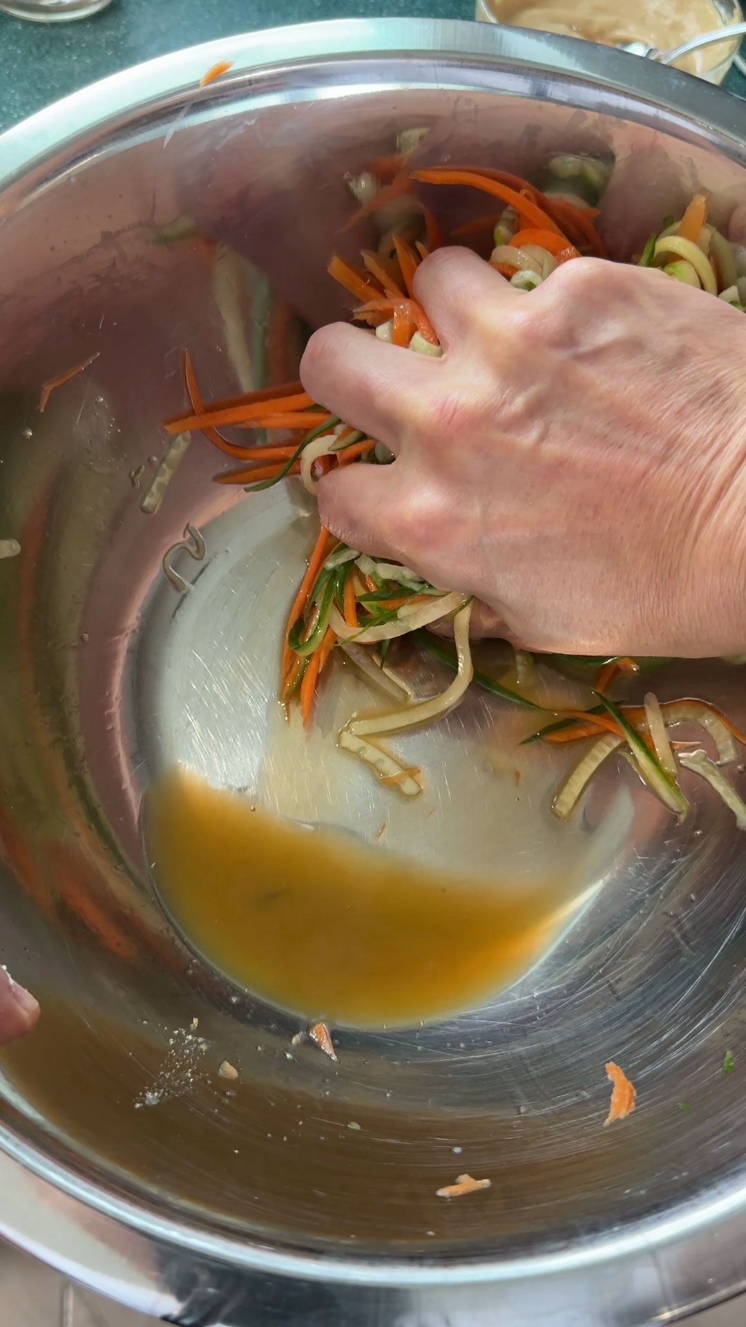 Salt then drain the moisture from the veggies 