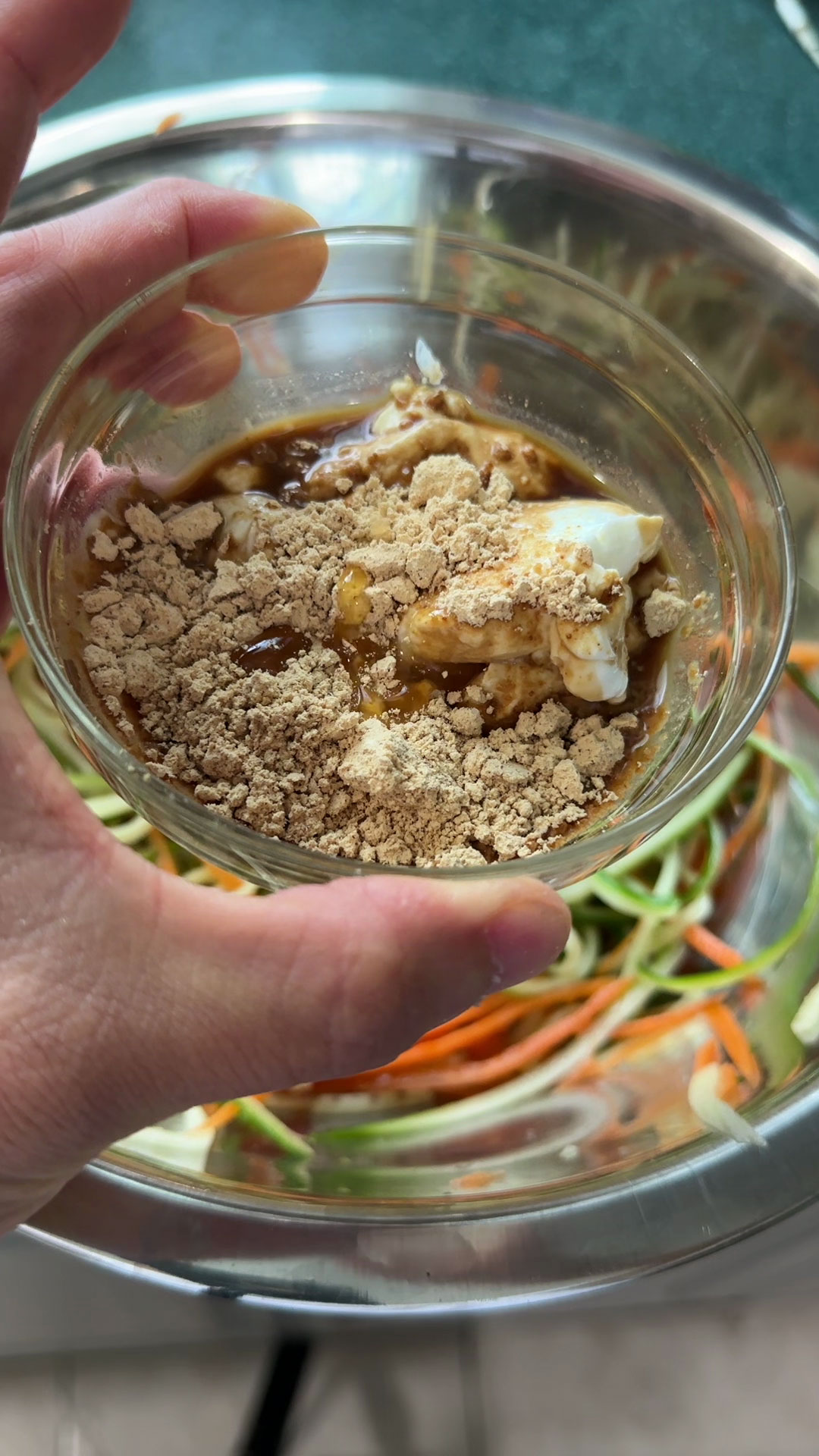 Combine soy sauce, fish sauce, vinegar, allulose, Greek yogurt, and peanut butter powder