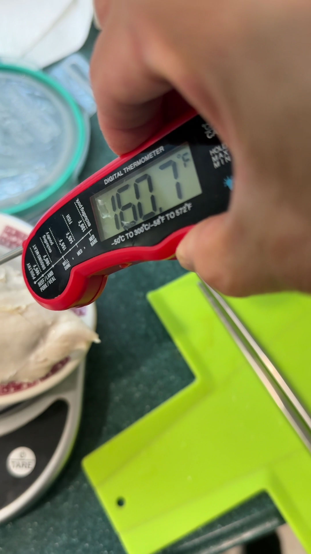 Internal temperature of poached chicken should be 160-165F