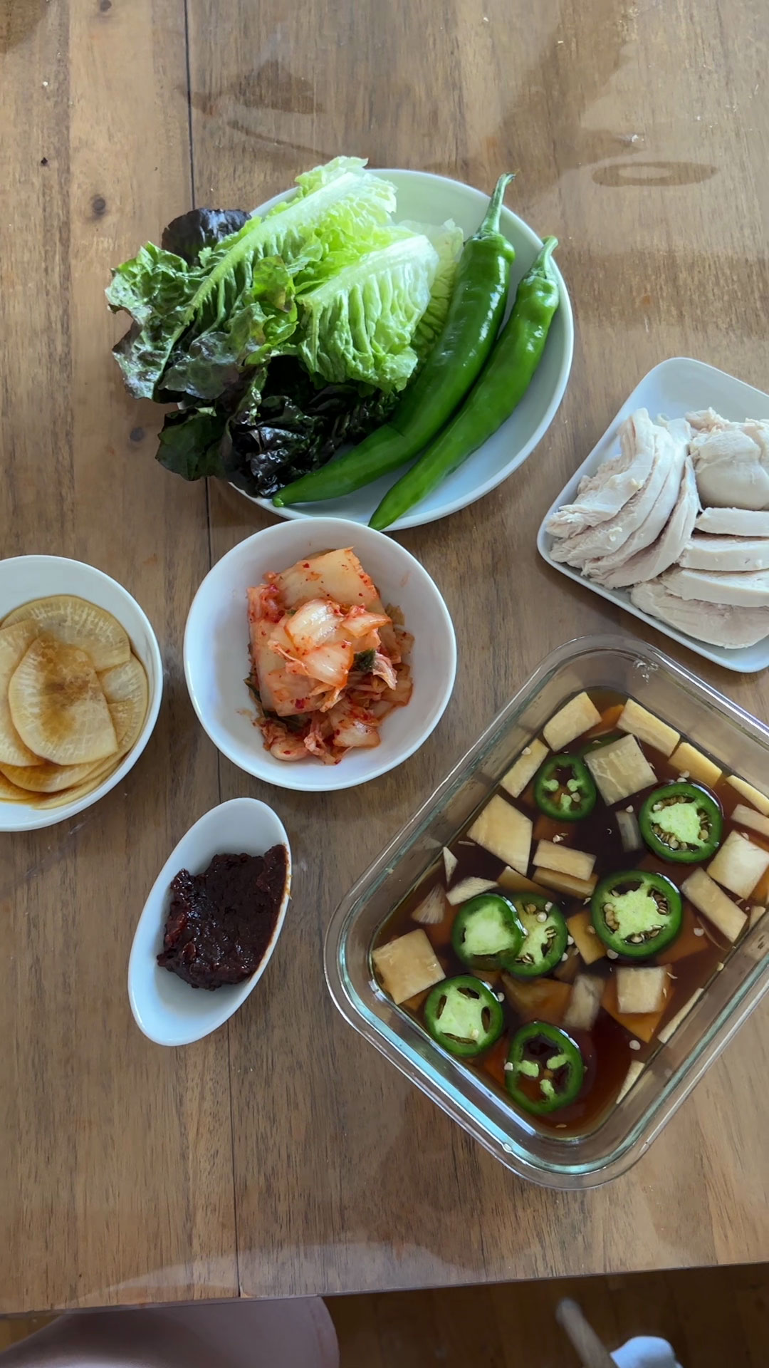 Lettuce, Radish Warps, Kimchi, Poached Chicken, Ssamjang, and Pickled Radish/Jalapeño